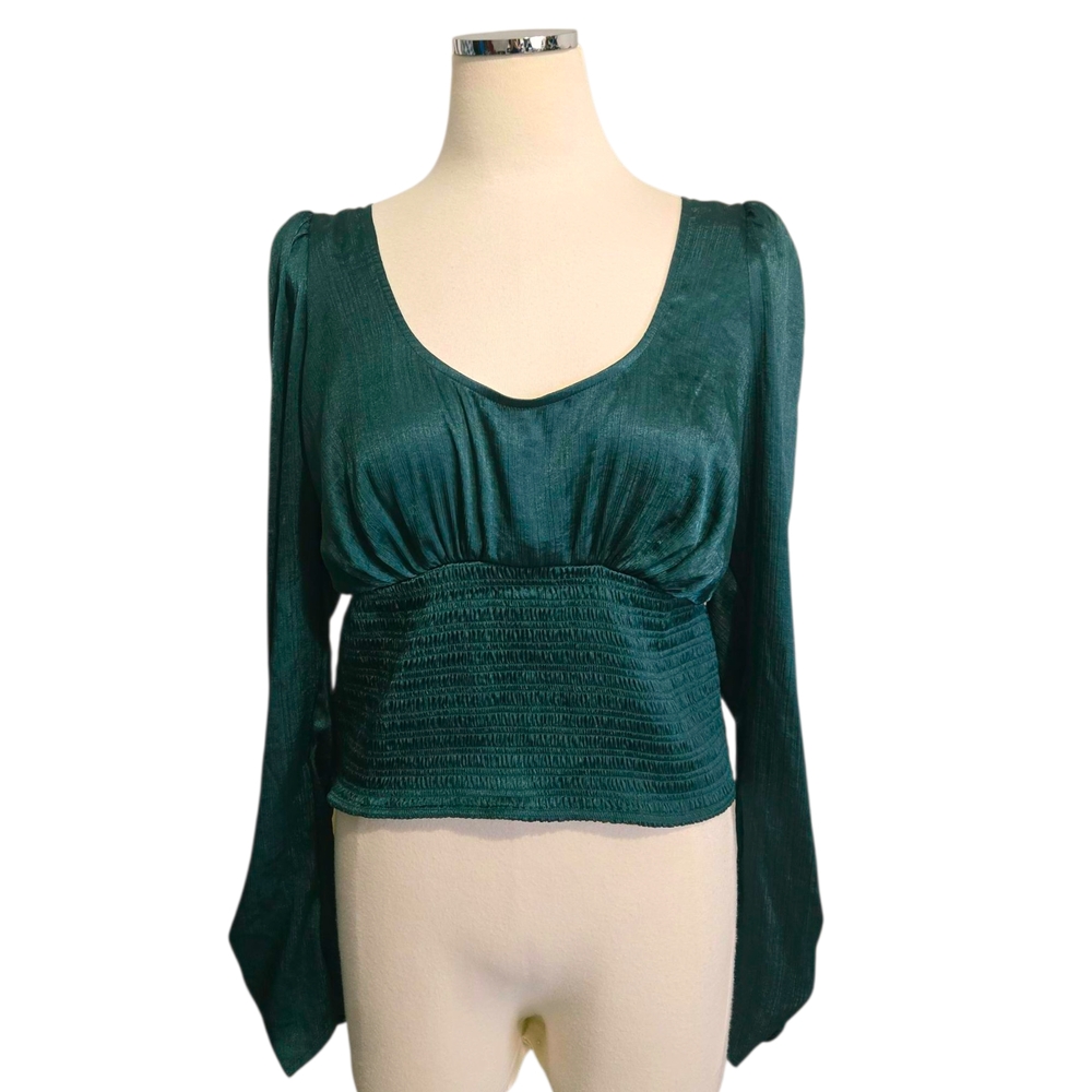 Free People Santiago Satin Blouse XL Evergreen Teal Smocked Puff Sleeve Boho